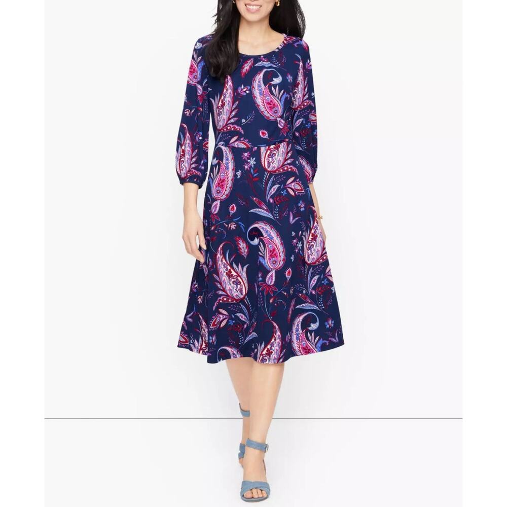 Talbots Paisley Midi Dress Women's Size 8 3/4 Sleeve Bue Pink Stretch Keyhole
